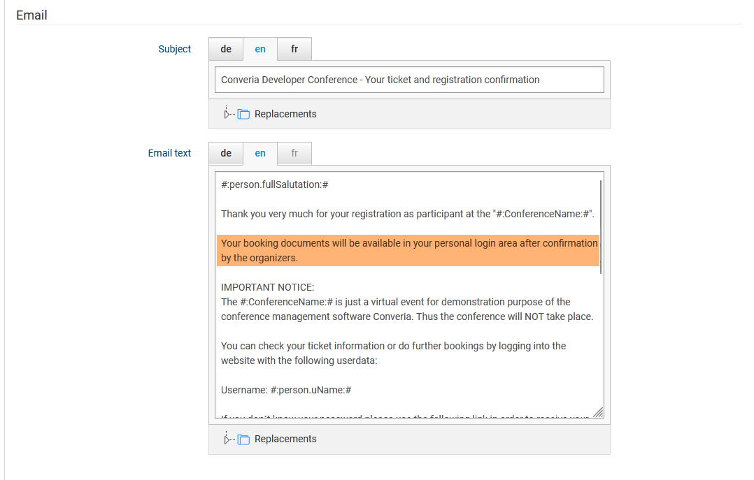 Fig. 1: Customization of the booking confirmation email template