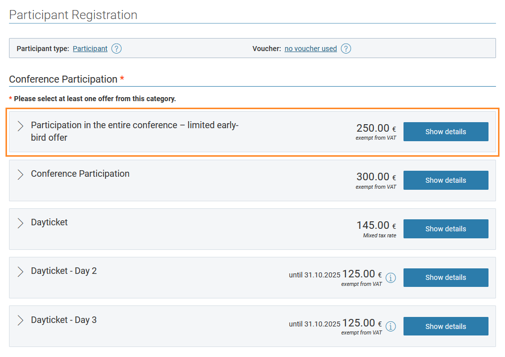 Fig. 2: View of the early bird offer in the offer overview in the frontend