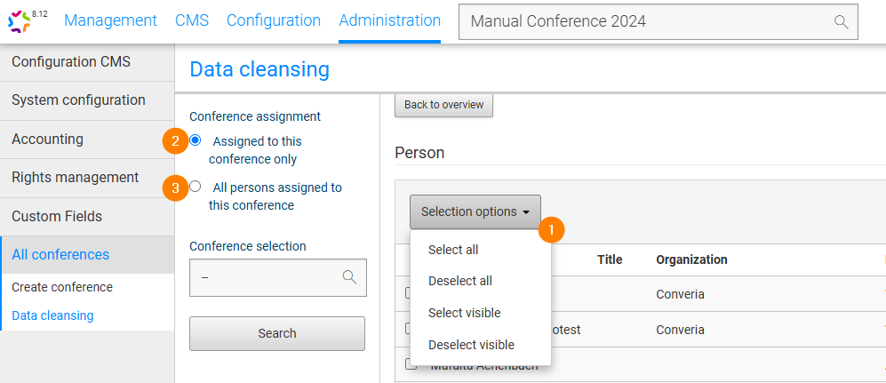 Fig. 3: Selection options for deleting persons