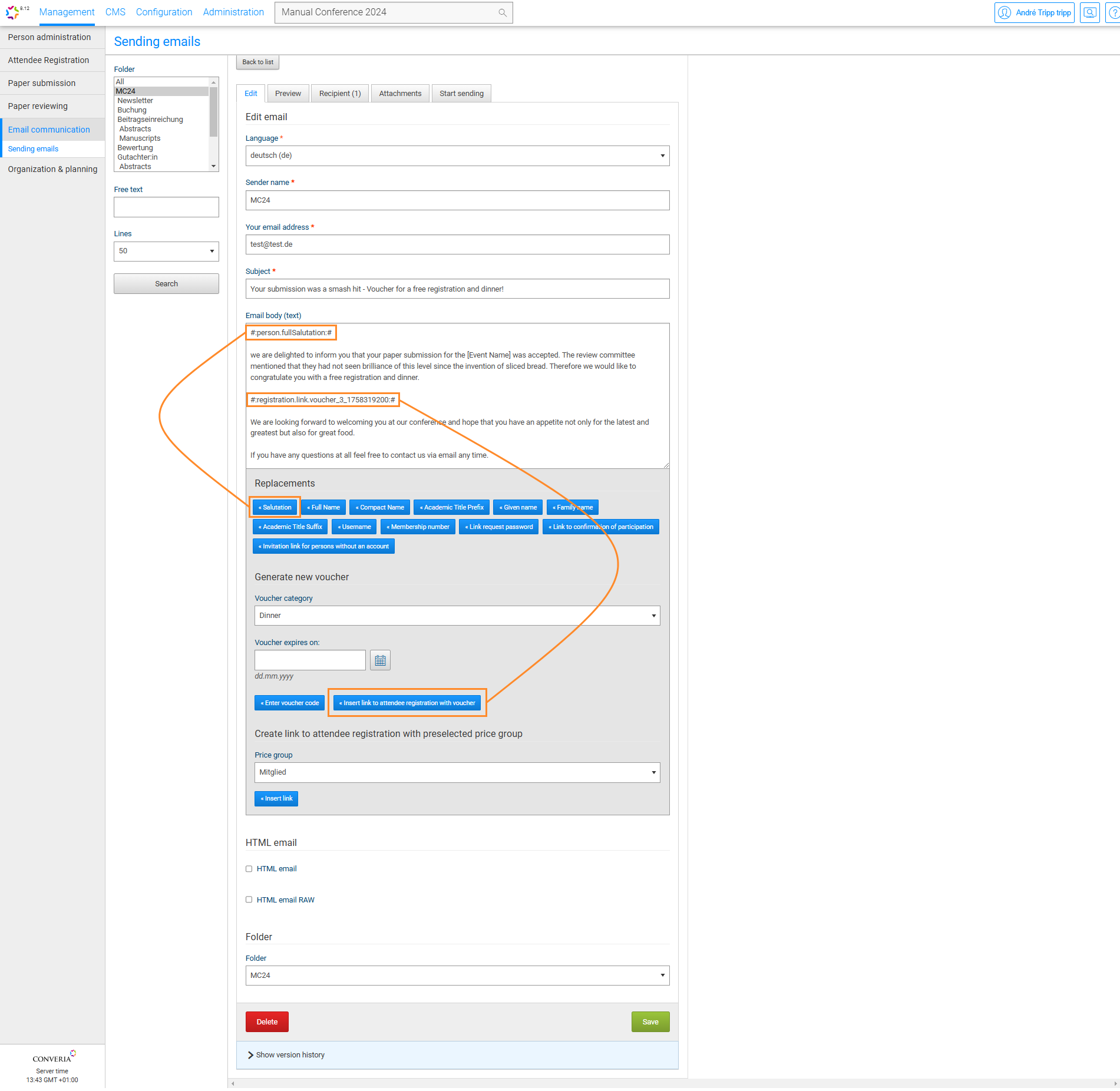 Fig. 2: Available replacements when creating an email