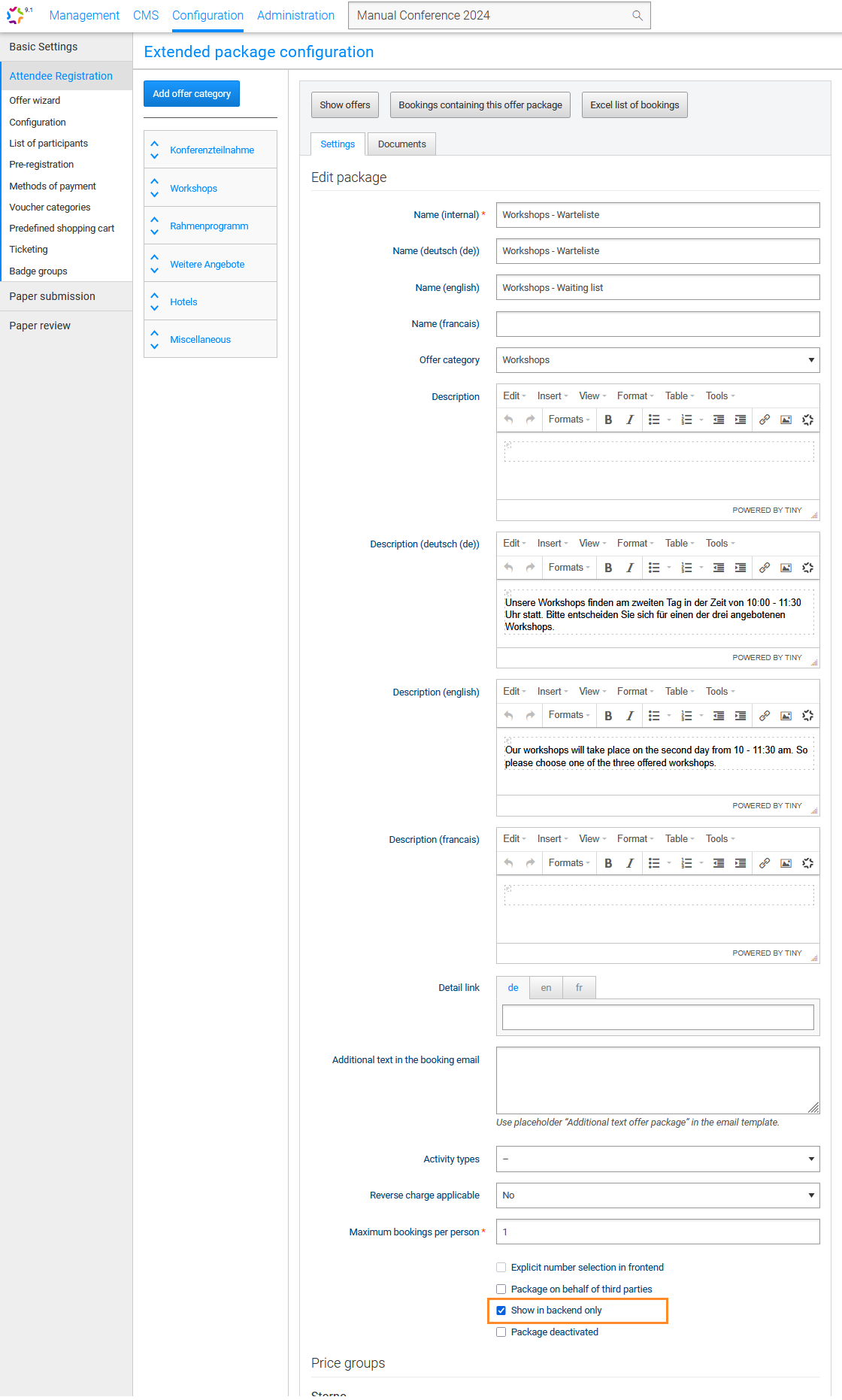 Fig. 2: Hide offer package in the frontend as long as the waiting list is not required