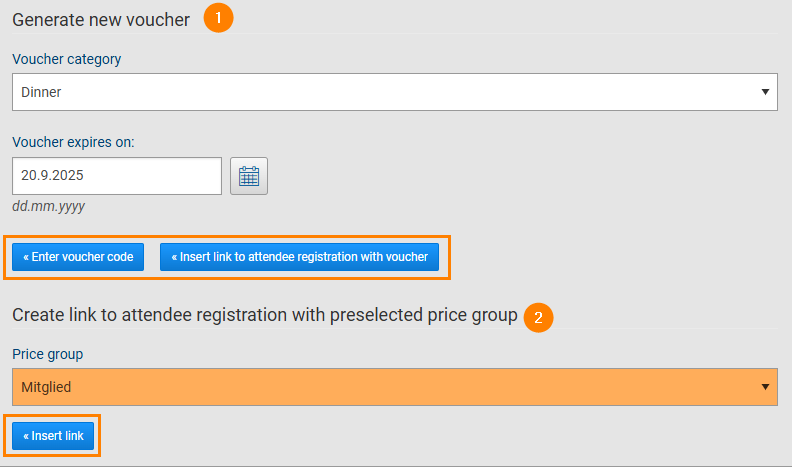 Fig. 3: Link to registration with preselected price group / voucher codes & registration link with voucher